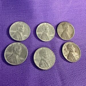 1943 Steel Wheat Pennies – Lot of 6 – WWII Era Lincoln Cents – Exact Coins
